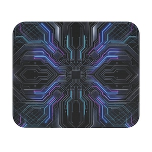 May include: A rectangular mouse pad featuring a symmetrical digital circuit board pattern in black with glowing neon blue and purple lines, interconnected pathways, and central processor chips arranged in a geometric, high-tech design.