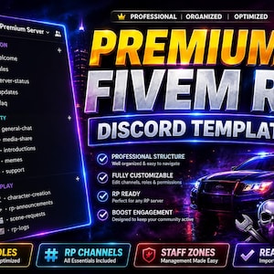 Pode incluir: Um modelo digital de servidor Discord para FiveM RP com interface escura, listas de canais, detalhes em azul neon, um gráfico de carro de polícia e texto incluindo Premium FiveM RP Discord Template e Ready to Use.