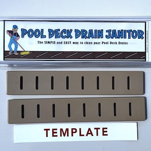 May include: A Pool Deck Drain Janitor cleaning tool set in tan, featuring two rectangular plastic drain covers with vertical slots, a white template strip, and a clear plastic retail package with the text POOL DECK DRAIN JANITOR.