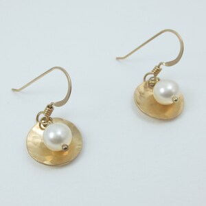 Gold Disc Earrings Pearl Gifts Beaded Earrings Dainty Earrings Disc Earrings Hammered Earrings 1/2 inch Easter image 1