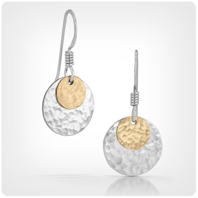 Two Tone Earrings, Modern Earrings, Hammered Earrings, Circle Earrings, Geometric Earrings, Minimalist Earrings Bridesmaid Gift JBennettGems Gold on Silver