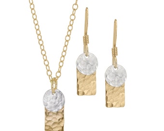 Barre rectangulaire à points avec ensemble de bijoux à disque, collier de barre, collier à disque, boucles d'oreilles à barre, bijoux en métal mélangé, bijoux 2 tons