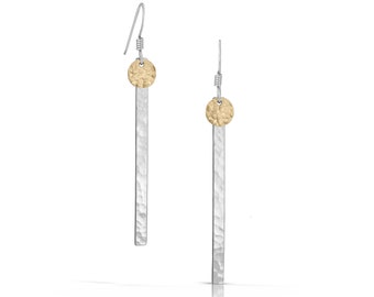 Vertical Silver Bar Gold Disc Earrings, Easter Day Gift For Wife, Bar Earrings, Silver Bar Earrings, Gold Disc Earrings