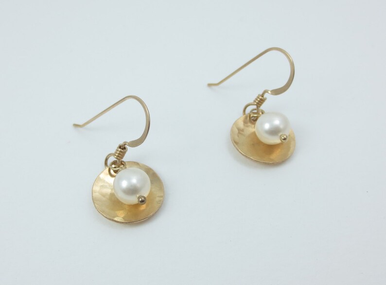 Gold Disc Earrings Pearl Gifts Beaded Earrings Dainty Earrings Disc Earrings Hammered Earrings 1/2 inch Easter image 1