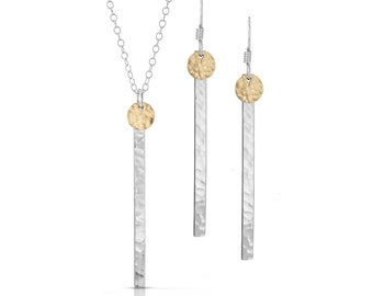 Vertical Bar Disc Set, Easter Day Gift For Sister, Bar Necklace, Disc Necklace, Bar Earrings, Mixed Metal , 2 Tone,