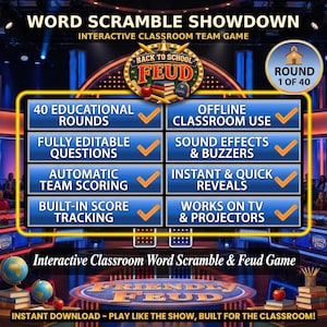 Word Scramble Game for Kids, Interactive Classroom Team Game, 40 Round Offline HTML Game, Family Game Night Digital Download