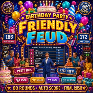 Può includere: Un'interfaccia di gioco digitale intitolata Birthday Party Friendly Feud che mostra un presentatore in abito blu davanti a un tabellone con dolci di compleanno. La scena include palloncini colorati, pacchetti regalo e cappellini.