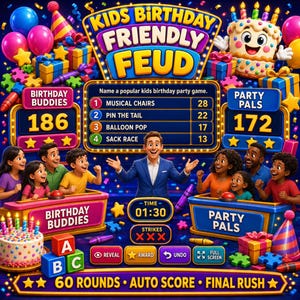 Könnte beinhalten: Eine digitale Spieloberfläche mit dem Titel Kids Birthday Friendly Feud, die eine zentrale Anzeigetafel mit vier gelisteten Spielen, einen Moderator im blauen Anzug und zwei Teams namens Birthday Buddies und Party Pals mit 186 und 172 Punkten zeigt.