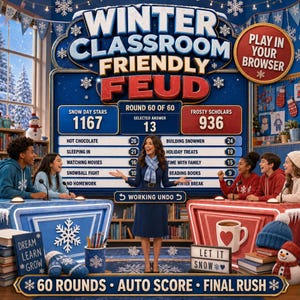 Könnte beinhalten: Ein digitaler Spielbildschirm mit dem Titel Winter Classroom Friendly Feud, der eine Anzeigetafel mit zwei Teams, Snow Day Stars und Frosty Scholars, sowie einen Moderator zeigt. Das Display zeigt Spielrunde 60 von 60, Punktzahlen und Text.