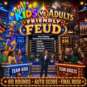Puede incluir: Un set de programa de juegos titulado Kids vs Adults Friendly Feud con un marcador central que muestra cinco categorías: Cartoons, Video Games, TikTok Trends, YouTube Stars y Slime Recipes. Un presentador está entre dos equipos.
