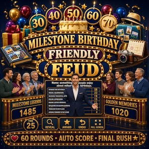 May include: A digital game board titled Milestone Birthday Friendly Feud featuring a central host, two teams labelled Milestone Legends and Golden Memories, a scoreboard with survey answers, a birthday cake, balloons, and travel-themed icons.