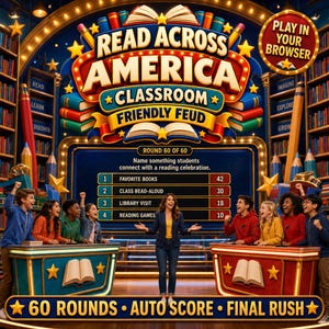 May include: A game show set titled Read Across America Classroom Friendly Feud featuring a scoreboard with four answers: Favorite Books, Class Read-Aloud, Library Visit, and Reading Games. A host stands between two teams at podiums with book icons.
