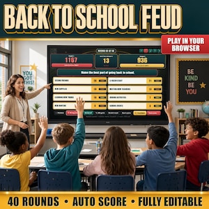 May include: A digital game titled Back to School Feud displayed on a large classroom screen, showing a survey board with scores for two teams. The screen lists answers like Seeing Friends and New Supplies, while students sit at desks with hands raised.