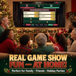May include: A digital game show interface displayed on a large television screen, featuring a survey question about Christmas trees with point values. The screen shows team scores and game controls, set against a festive holiday background.