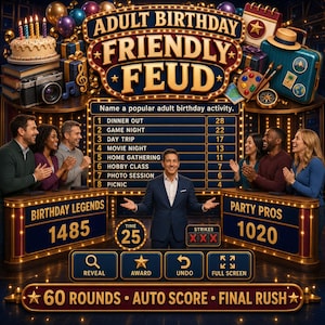 May include: A digital game board titled Adult Birthday Friendly Feud featuring a scoreboard with eight categories and point values, a central host in a suit, two team score displays for Birthday Legends and Party Pros, and game control buttons.