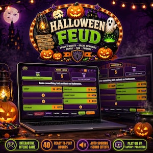 May include: A digital Halloween Feud game displayed on a laptop screen, featuring a purple and orange interface with a scoreboard, game questions, and answers. The screen shows the text Name something kids collect on Halloween with point values.