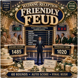 May include: A digital game board titled Wedding Reception Friendly Feud featuring a central host, two teams named Golden Guests and Evergreen Crew, a scoreboard with survey answers, a timer set to 30, and three red strike marks on a stage.
