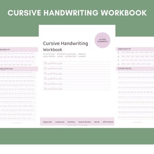 May include: A white cursive handwriting workbook with light purple accents. The cover features the text Cursive Handwriting Workbook, 42 Page Workbook, and lists sections for letters, numbers, months, and affirmations with lined practice pages.