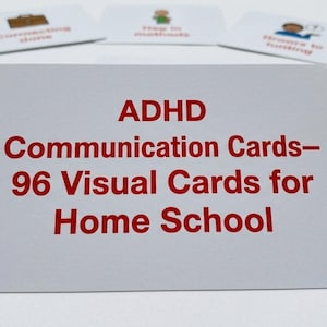 Könnte beinhalten: Ein Set aus 96 ADHS-Kommunikationskarten für den Heimunterricht, bestehend aus einer zentralen grauen Karte mit dem roten Text ADHD Communication Cards- 96 Visual Cards for Home School, umgeben von kleineren weißen Karten mit Illustrationen.