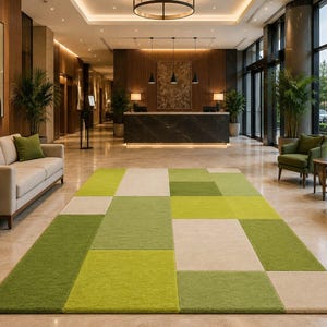 Può includere: Un tappeto rettangolare caratterizzato da un motivo geometrico a grandi blocchi di colore solido nelle tonalità verde lime, verde oliva e crema. Il tappeto è posato su un pavimento in pietra lucida, con una texture tufted e bordi netti.