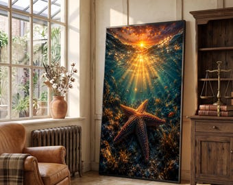 Underwater Starfish Canvas Art Ocean Sunset Coastal Wall Decor Marine Life Sea Wildlife Painting