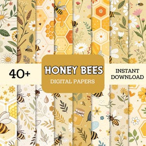 40+ sömlösa digitala papperspaket med honungsbi, akvarell blommiga bibakgrunder, scrapbookingpapper med honungsbin, sublimering, digital nedladdning