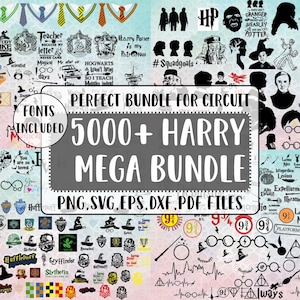 May include: A digital design collection featuring over 5000 Harry Potter themed graphics, including silhouettes, house crests, wands, and quotes. The central text reads: PERFECT BUNDLE FOR CIRCUIT 5000+ HARRY MEGA BUNDLE PNG, SVG, EPS, DXF, PDF FILES.
