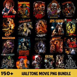 May include: A digital collection of 150+ horror and fantasy movie posters featuring iconic characters like Chucky, Dracula, and Pennywise. The graphic art includes titles such as Halloween, Jaws, and Ghostbusters, presented in a dark, detailed halftone style.