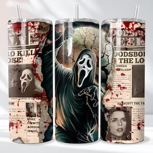 May include: A cylindrical tumbler with a straw featuring a graphic print of a masked figure in a black hooded robe holding a knife. The design includes newspaper clippings with headlines like Woodsboro Weekly, blood splatters, and a portrait of a woman.