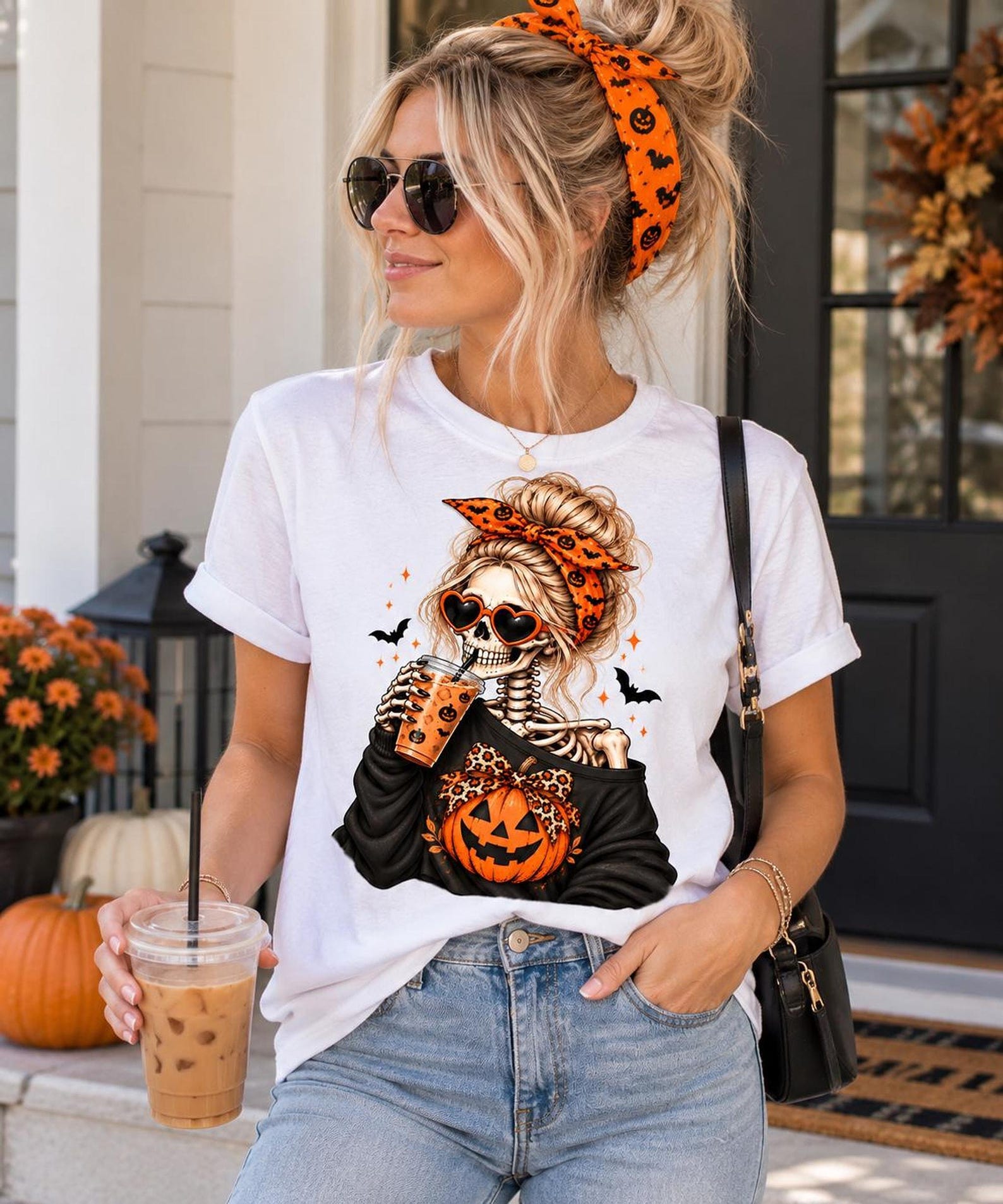 Halloween Shirt for Women, Skeleton with Pumpkin Coffee Tee