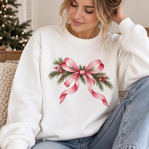 Pink Bow Christmas Sweatshirt, Coquette Christmas Crewneck, Preppy Holiday Sweater, Christmas Bow Shirt, Cute Women’s Xmas Gift