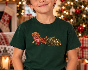 Camiseta infantil de Natal, camiseta engraçada de Natal com cachorro, dachshund