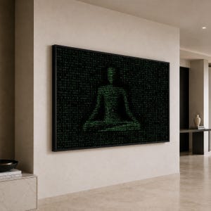 May include: A rectangular wall art piece featuring a black background filled with rows of green binary code. The code forms the silhouette of a person sitting in a meditative pose. The artwork is enclosed in a thin black frame and mounted on a wall.