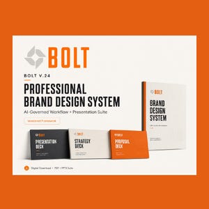 Puede incluir: Una presentación de producto digital para el sistema de diseño de marca profesional Bolt V.24. Incluye un manual vertical y tres mazos horizontales etiquetados como Presentation, Strategy y Proposal en negro, blanco y naranja con el logotipo de Bolt.
