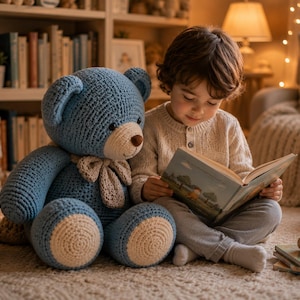 Puede incluir: Un gran oso de peluche tejido a ganchillo en color azul con hocico, interior de las orejas y almohadillas en las patas de color crema, con un lazo a juego atado al cuello. El oso tiene ojos de seguridad oscuros y nariz bordada marrón.