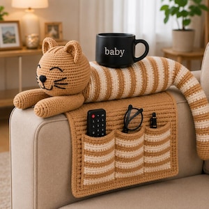 Crochet Cat Sofa Armrest Organizer | Handmade Couch Caddy, Remote Holder (PDF Pattern)