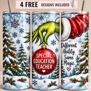 Puede incluir: Tres vasos cilíndricos con pajitas de metal que muestran una escena invernal con pinos nevados, copos de nieve y una mano verde sosteniendo un adorno rojo con la etiqueta SPECIAL EDUCATION TEACHER. El texto dice Different Ability Same Magic.