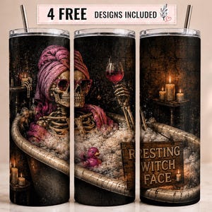 May include: A cylindrical tumbler featuring a graphic of a skeleton in a bathtub filled with bubbles, wearing a pink towel and sunglasses, holding a wine glass. The design includes a pink rubber duck and a sign that reads RESTING WITCH FACE.