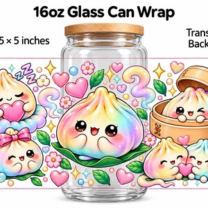 May include: A 16oz glass can wrap with a transparent background, measuring 9.75 x 5 inches. The design features multiple rainbow-colored, smiling dumpling characters surrounded by pink hearts, small flowers, green leaves, and sparkling star accents.