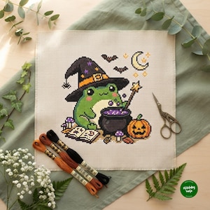 Patrón de punto de cruz de bruja rana, lindo gráfico PDF de caldero de Halloween, punto de cruz contado estilo cottagecore de bruja