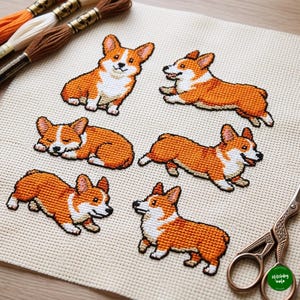 May include: A cross-stitch project on cream-coloured Aida fabric featuring six distinct orange and white Corgi dogs in various poses. The embroidery includes three skeins of embroidery floss in orange, white, and brown, and ornate metal scissors.