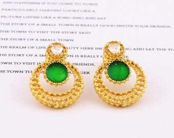 Handcrafted Gold Emerald Earrings for Her, Luxury Hollow Filigree Dangle Studs with 925 Sterling Silver Post