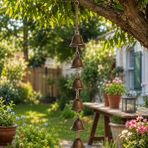 Peut inclure: Un carillon éolien vertical composé de six cloches en métal de couleur bronze reliées par une chaîne centrale. Chaque cloche présente une finition lisse légèrement patinée et un bord évasé, suspendues en ligne depuis un crochet supérieur.