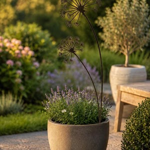 Peut inclure: Un pot de fleurs rond en pierre texturée brun clair contenant un feuillage vert avec de petites fleurs violettes. Deux tiges métalliques fines et brun foncé en forme de têtes de pissenlits sont plantées dans la terre et s'élèvent.