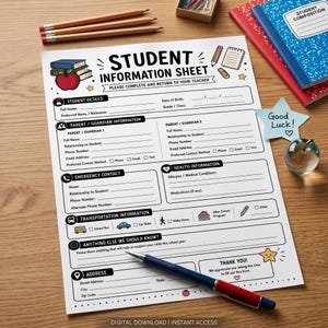 Peut inclure: Une fiche d'informations pour élève imprimée avec du texte noir et des icônes colorées, dont une pomme rouge, un bus scolaire et une voiture. Le formulaire comprend des sections pour les détails, les parents, la santé et le transport, avec un stylo bleu.