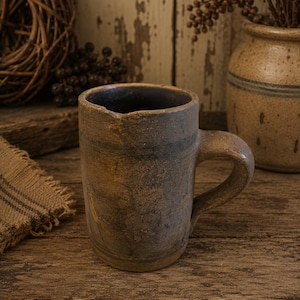 May include: A cylindrical ceramic mug with a dark brown and grey mottled finish. The mug features a thick, curved handle on the right side and a small, subtle spout indentation on the upper rim. The surface has a rough, matte, and earthy texture.