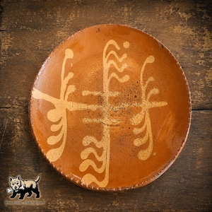 Christopher Woods Redware Charger 1997 Hello Good Day Signed Folk Art Pottery 10” Primitive Slipware Bird
