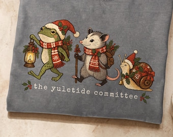 Yuletide Committee Shirt, Woodland Christmas Animal Tee, Frog Opossum Snail Holiday Shirt, Comfort Colors Graphic Tee