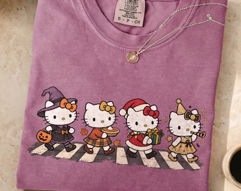 Cute Kitty Holiday Shirt, Four Seasons Cat Graphic Tee, Halloween Thanksgiving Christmas New Year Shirt, Kawaii Seasonal Tee