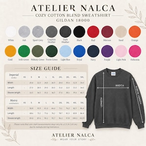 May include: A dark grey Gildan 18000 cotton blend sweatshirt displayed with a color palette of twenty options and a size guide chart. The chart provides width, length, and sleeve length measurements in inches for sizes S through 5XL.